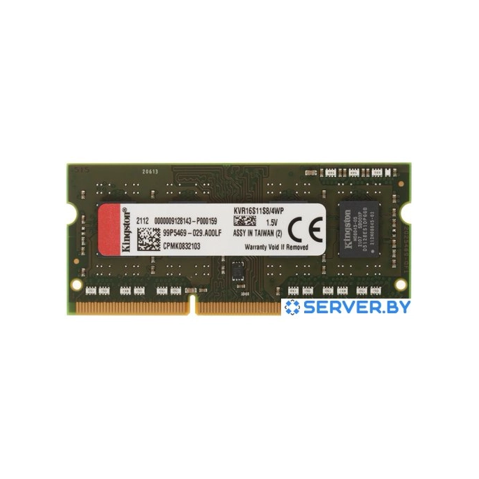 Оперативная память Kingston ValueRAM 4GB DDR3 SODIMM PC3-12800 KVR16S11S8/4WP. Фото 1