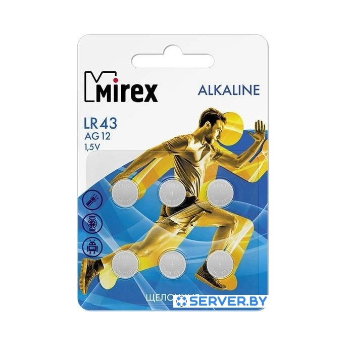 Элементы питания Mirex LR43 (AG12) Mirex блистер 6 шт. 23702-LR43-E6. Фото 1