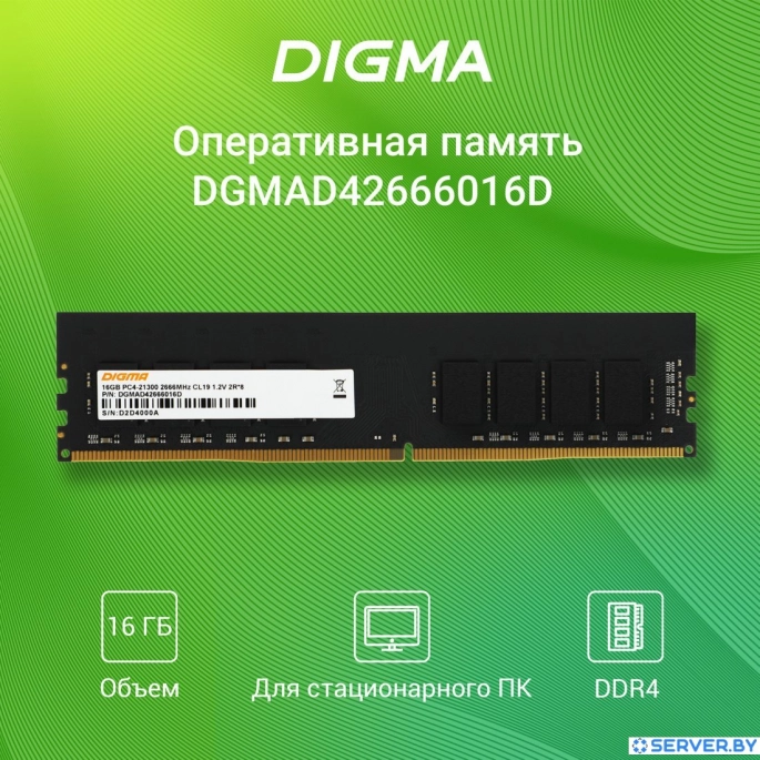 Оперативная память Digma 16ГБ DDR4 2666 МГц DGMAD42666016D. Фото3