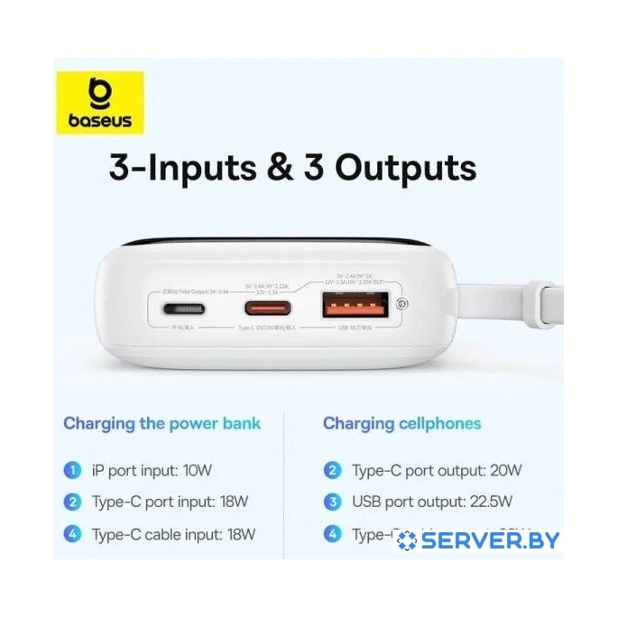 Внешний аккумулятор Baseus Qpow Pro+ Digital Display Fast Charge 22.5W 10000mAh (белый). Фото 5