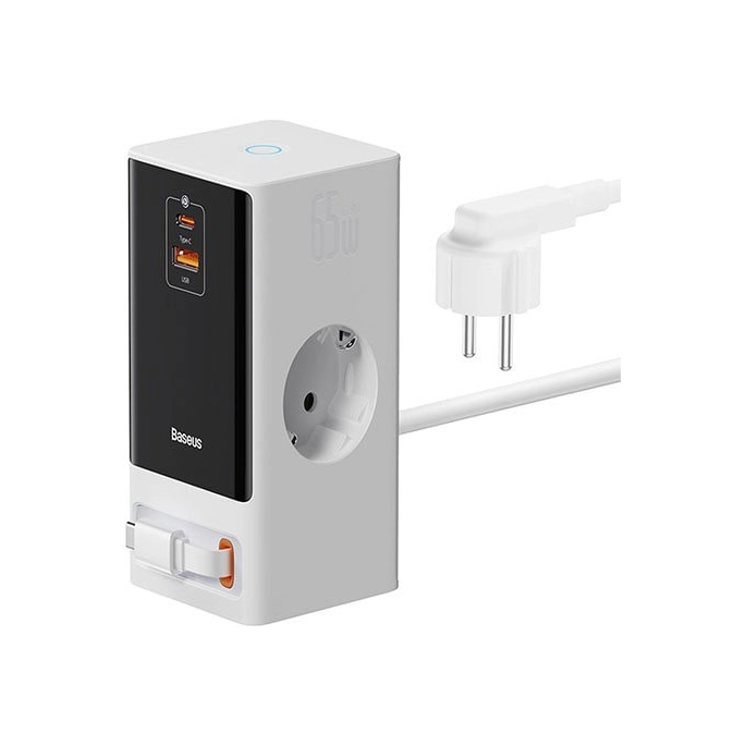Сетевое зарядное Baseus PowerCombo Digital PowerStrip 2AC+1U+1C+Retractable-C 65W PSLR000602 (белый). Фото1