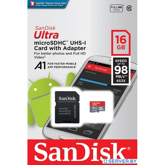 Карта памяти SanDisk Ultra SDSQUAR-016G-GN6MA microSDHC 16GB (с адаптером). Фото3