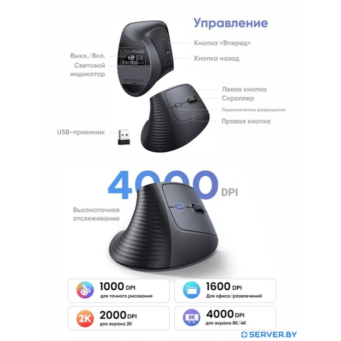 Вертикальная мышь Ugreen M571 55916 (черный). Фото5