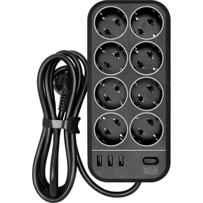 Сетевой фильтр Powercom SP-08 USB03AB (1.8 м, 8 розеток, черный). Фото1