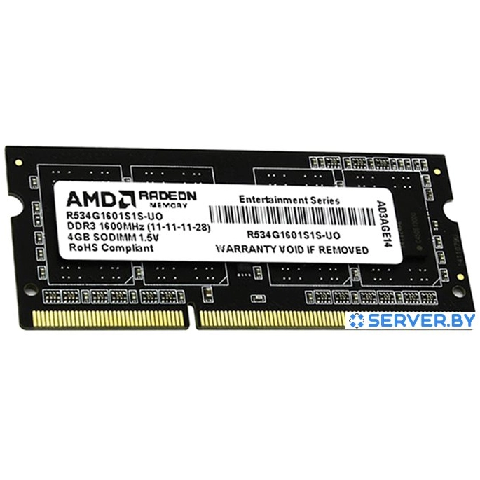 Оперативная память AMD Radeon Entertainment 4GB DDR3 SO-DIMM (R534G1601S1S-UO). Фото 1